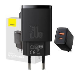   Baseus Compact hálózati töltő USB Type-C / USB-A 20W 3A QC3.0 Fekete